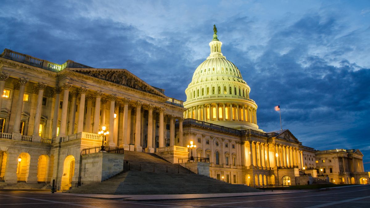 The U.S. Capitol building photographed at dusk from the front left.